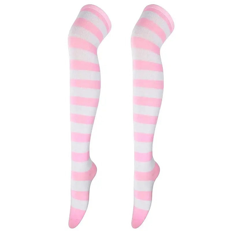 Pink and White Striped Over The Knee Socks