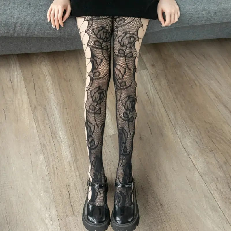 Rose Patterned Fishnet Tights Jacquard Stockings High Waist