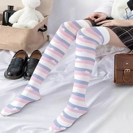Kawaii Striped Thigh High Socks, Cute Star Print Lolita Over The Knee Stocks
