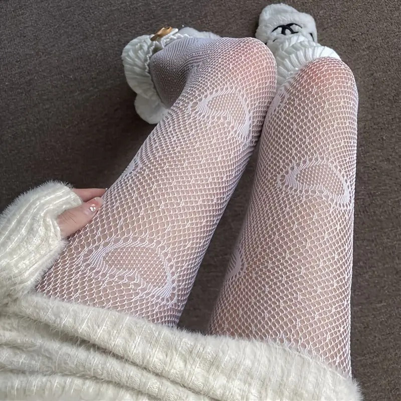 Heart Print Fishnet Tights, High Waist Stockings - White