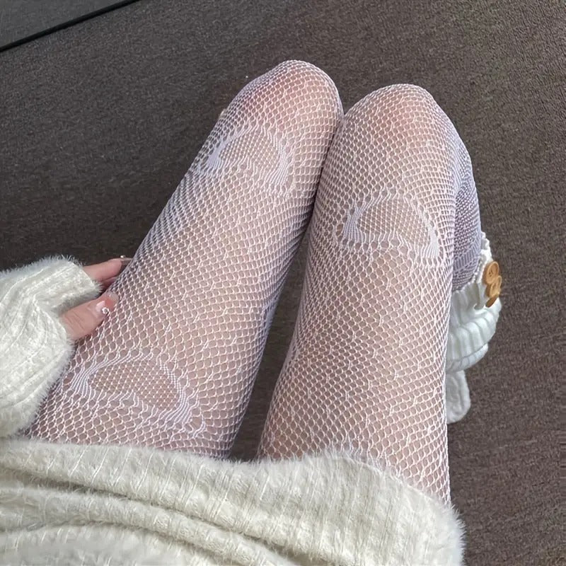 Heart Print Fishnet Tights, High Waist Stockings - White