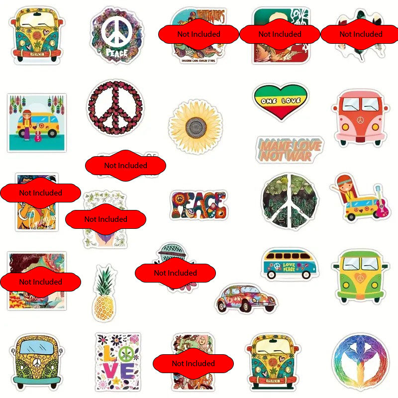 Hippie Peace Love 70s Retro Sticker Set - 25 Stickers