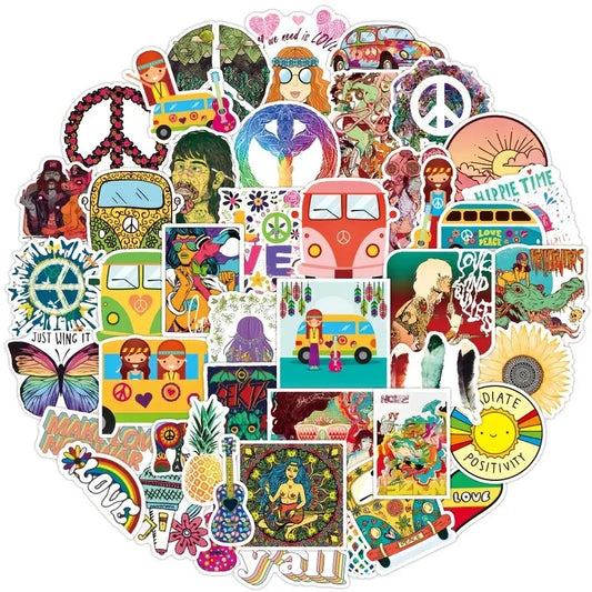 Hippie Peace Love 70s Retro Sticker Set - 25 Stickers