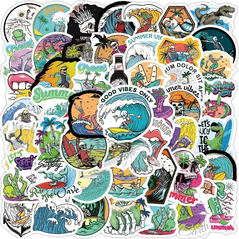 Beach Surfing Skull Summer Series Sticker Set - 50 Stickers